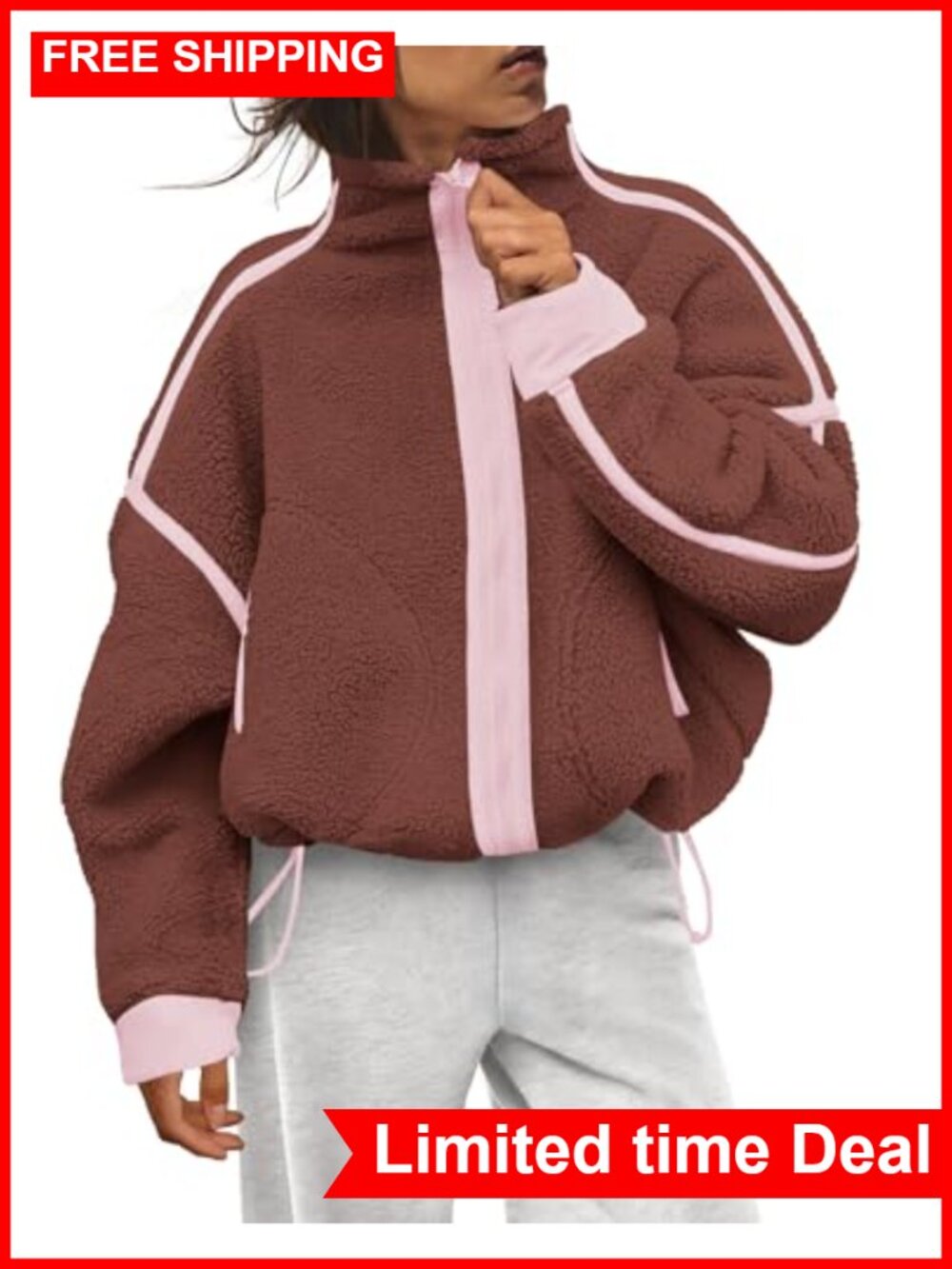 Womens Fleece Sherpa Zip Up Jacket Striped Loose Fit Winter Coat